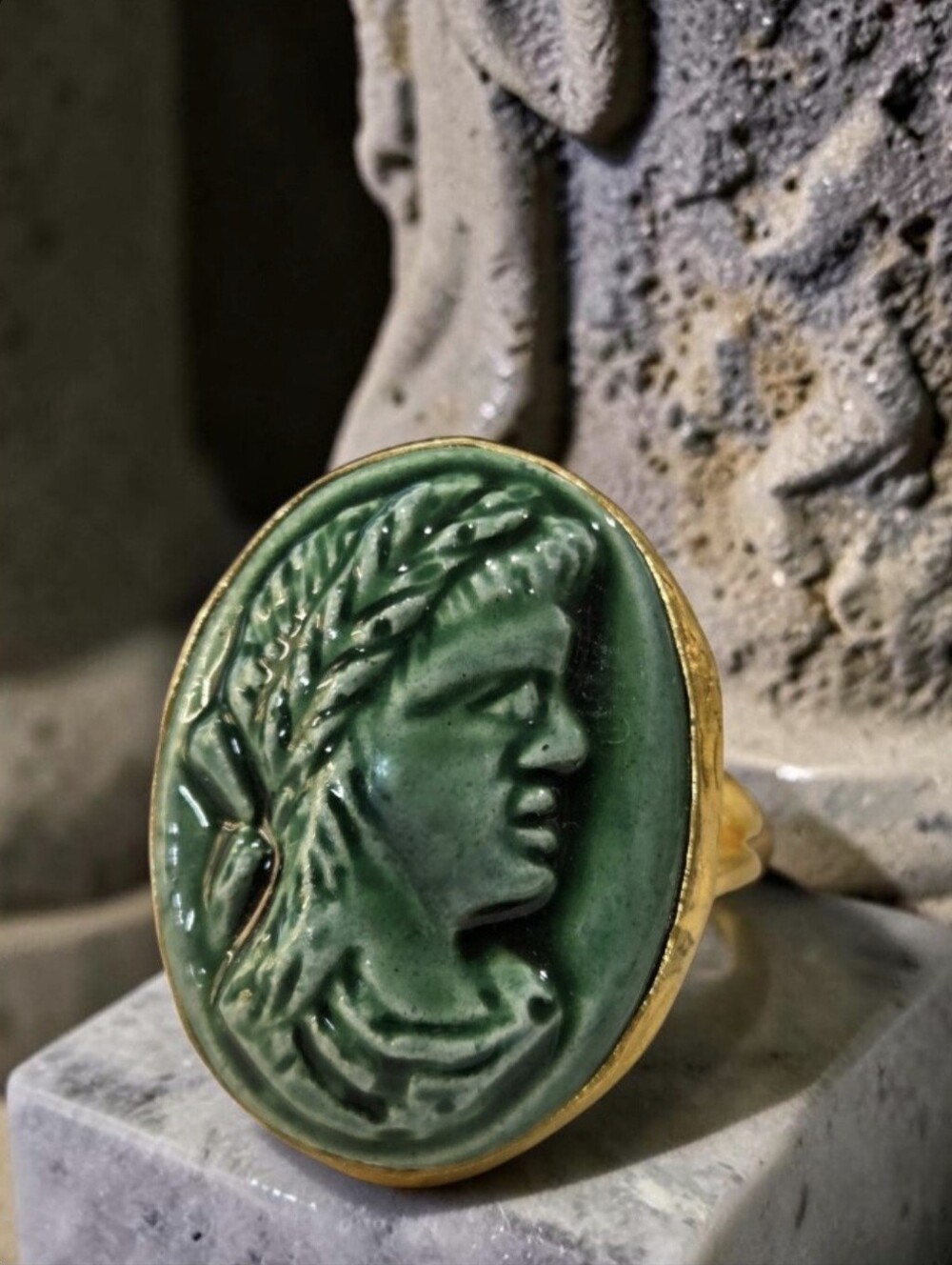 18k Gold Plated Artisan Green Porcelain Roman Empire Royalty Portrait Ring